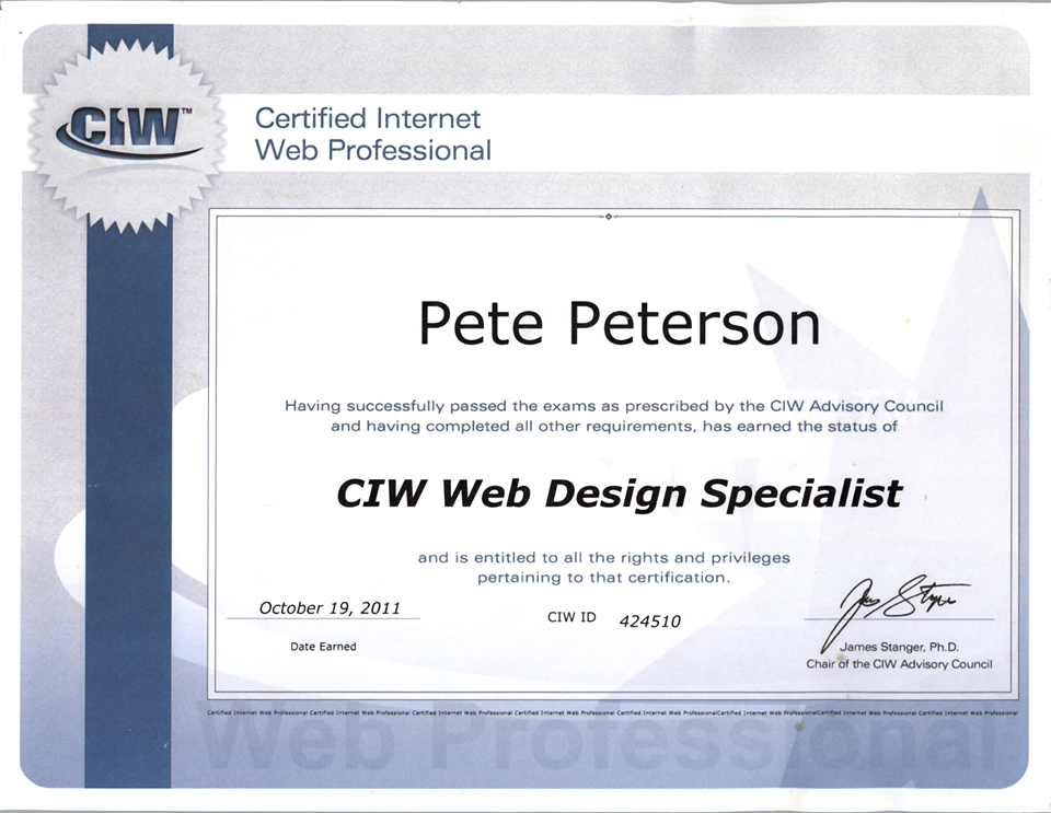 Pete Peterson's CIW Web Design Specialist