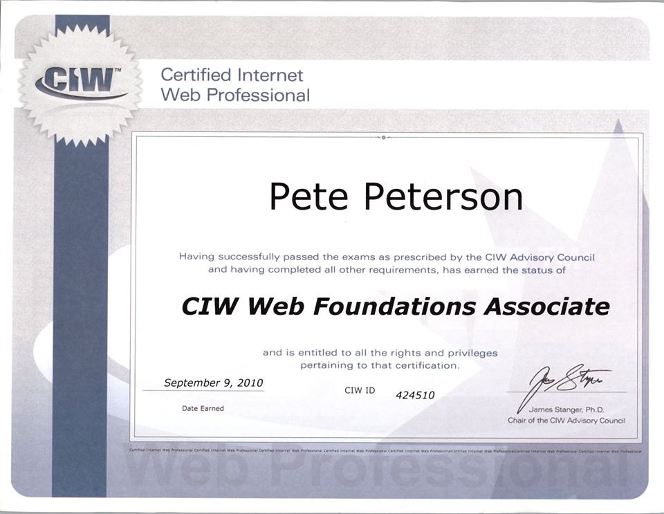 Pete Peterson's CIW Website Foundations Associate Cert