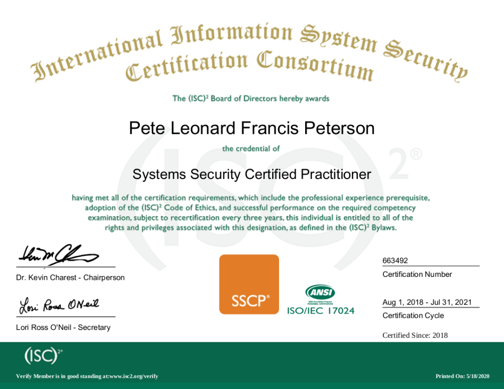 Pete Peterson's ISC2 Systems Security Certified Practitioner