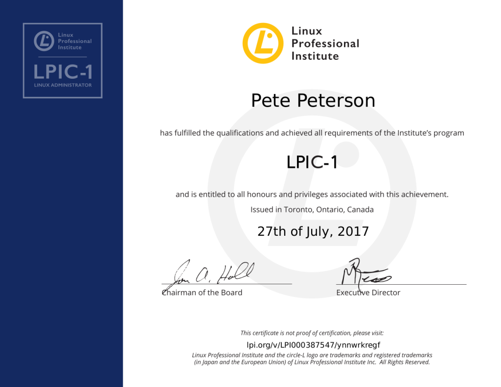 Pete's LPIC-1 certificate